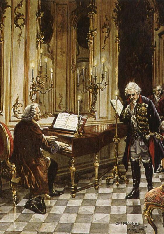 franz schubert a romanticized artist s impression of bach s visit to frederick the great at the palace of sans souci in potsdam France oil painting art